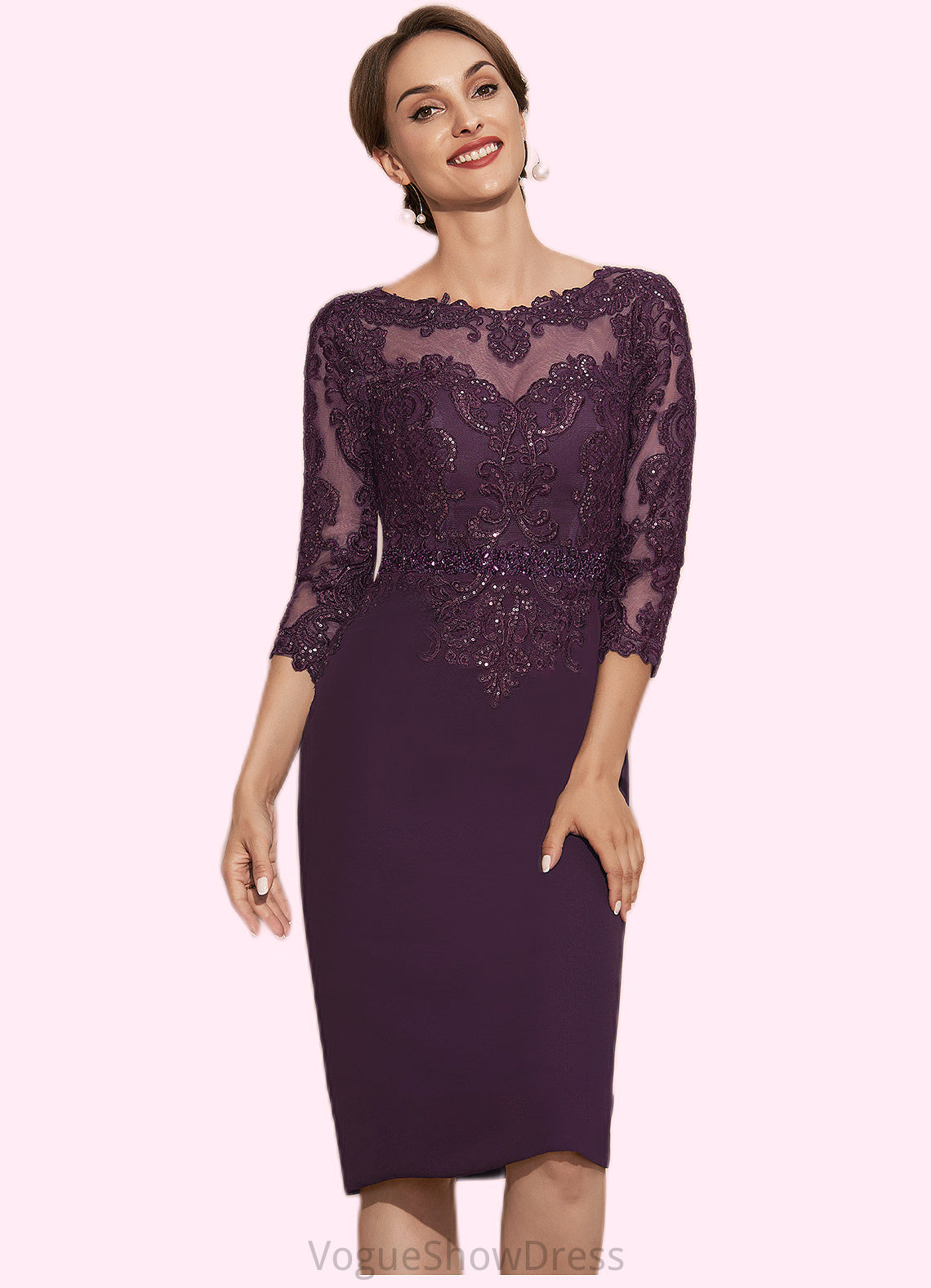 Lia Sheath/Column Scoop Neck Knee-Length Chiffon Lace Mother of the Bride Dress With Beading DL126P0014794