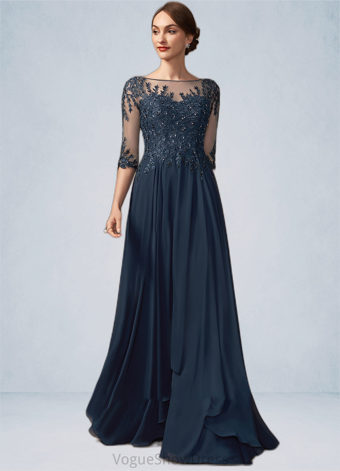 Marely A-Line Scoop Neck Floor-Length Chiffon Lace Mother of the Bride Dress With Beading Sequins DL126P0014795