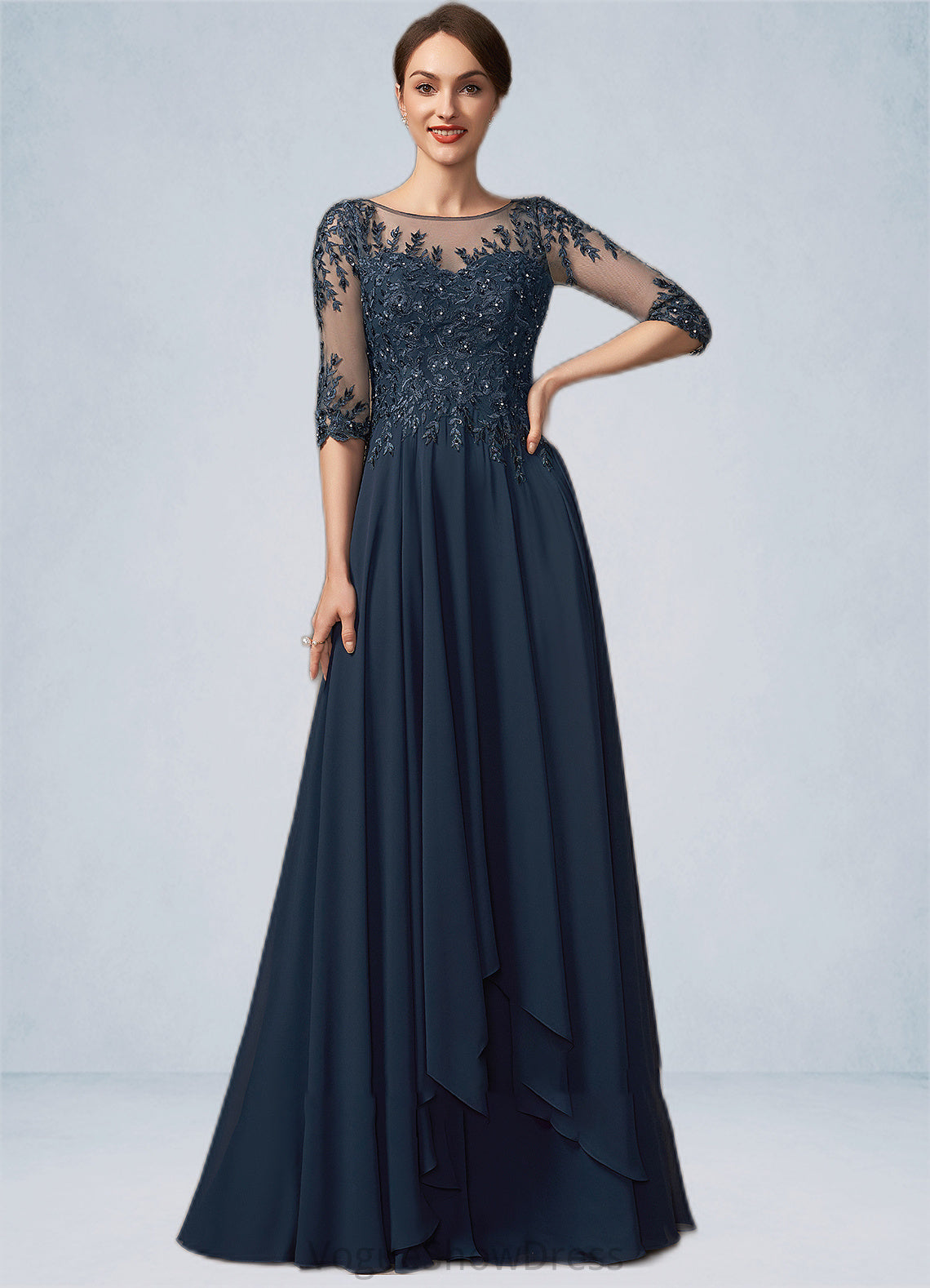 Marely A-Line Scoop Neck Floor-Length Chiffon Lace Mother of the Bride Dress With Beading Sequins DL126P0014795