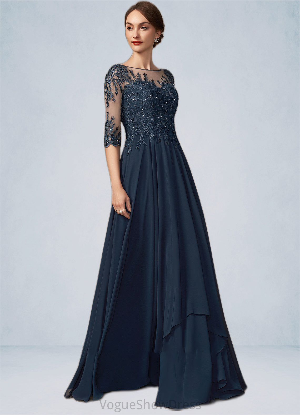 Marely A-Line Scoop Neck Floor-Length Chiffon Lace Mother of the Bride Dress With Beading Sequins DL126P0014795