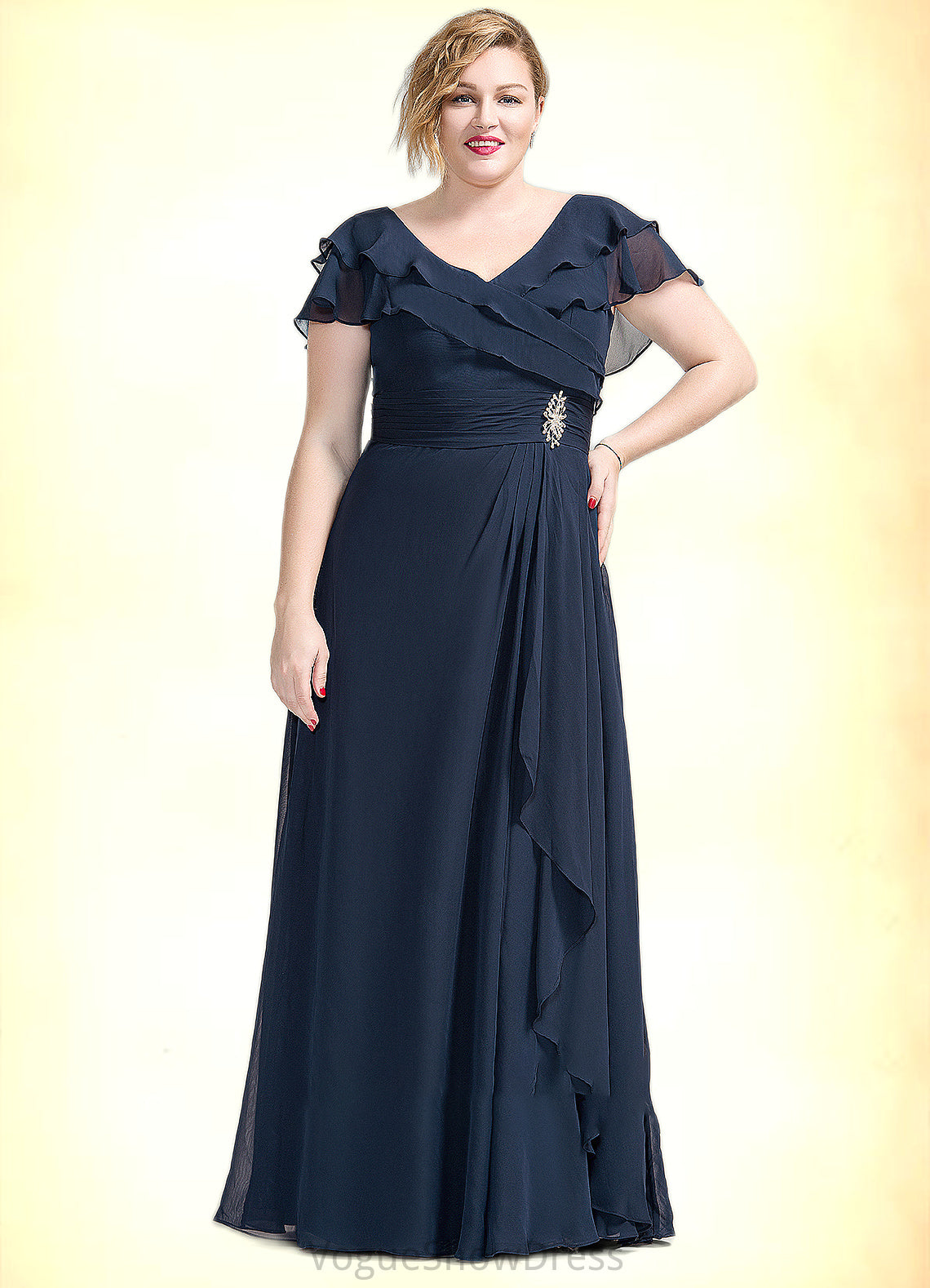 Millicent A-Line V-neck Floor-Length Chiffon Mother of the Bride Dress With Crystal Brooch Cascading Ruffles DL126P0014796