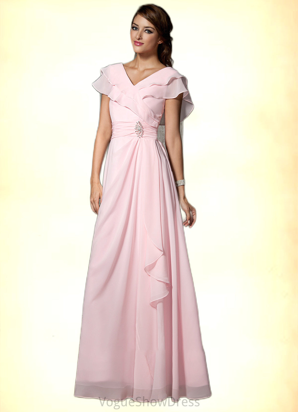 Millicent A-Line V-neck Floor-Length Chiffon Mother of the Bride Dress With Crystal Brooch Cascading Ruffles DL126P0014796