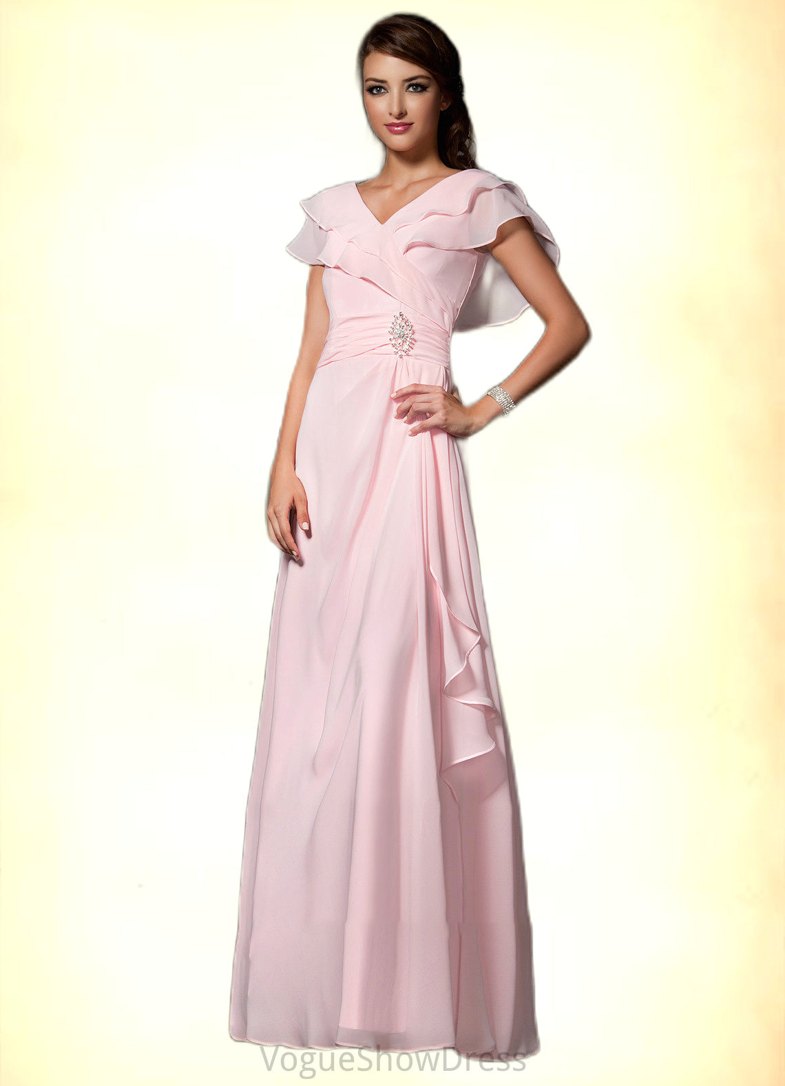 Millicent A-Line V-neck Floor-Length Chiffon Mother of the Bride Dress With Crystal Brooch Cascading Ruffles DL126P0014796