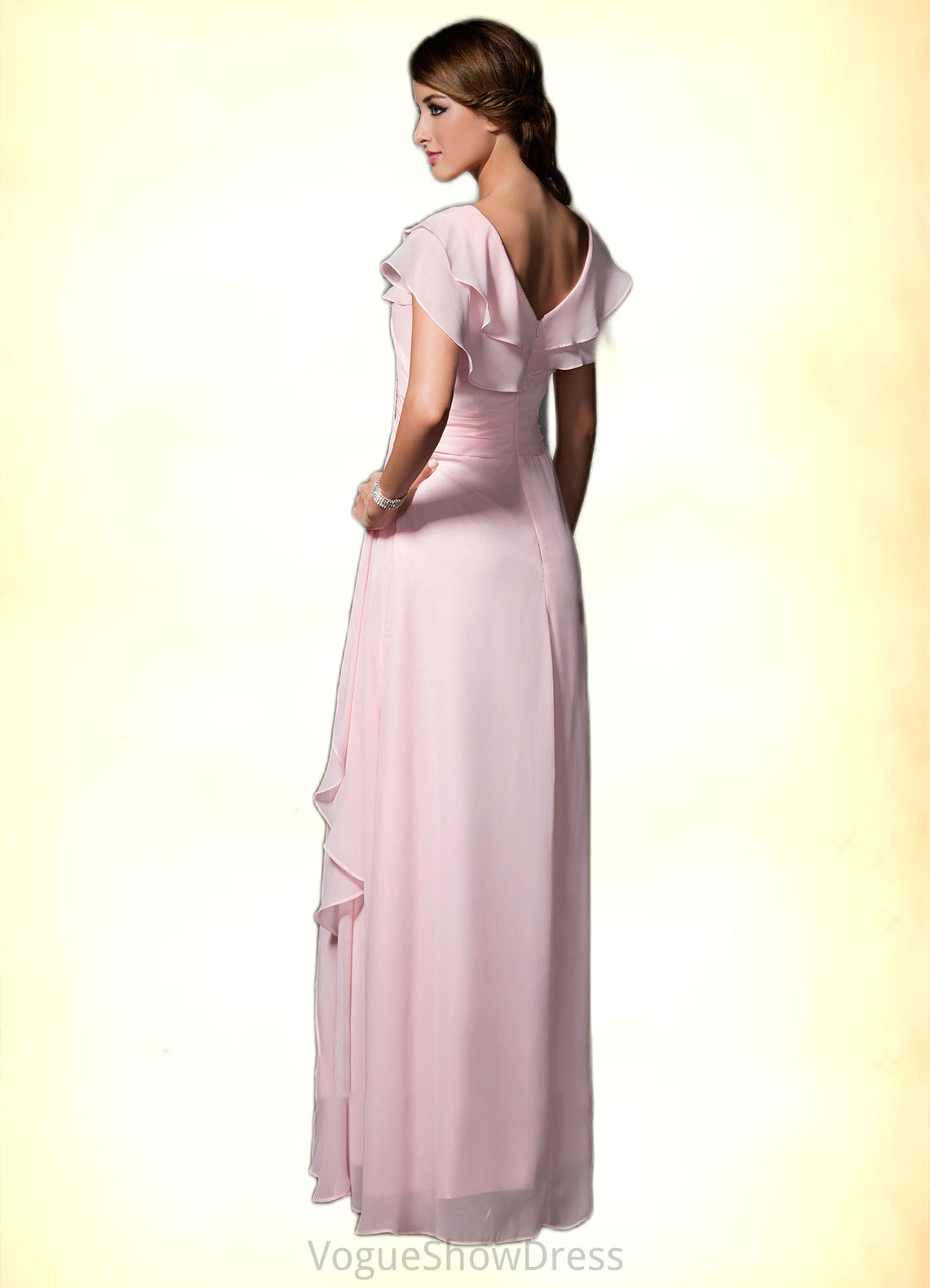 Millicent A-Line V-neck Floor-Length Chiffon Mother of the Bride Dress With Crystal Brooch Cascading Ruffles DL126P0014796