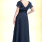 Millicent A-Line V-neck Floor-Length Chiffon Mother of the Bride Dress With Crystal Brooch Cascading Ruffles DL126P0014796