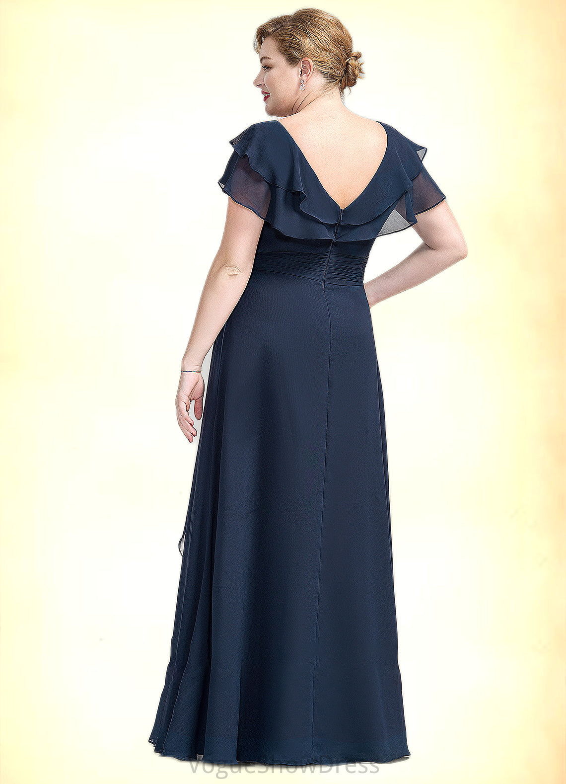 Millicent A-Line V-neck Floor-Length Chiffon Mother of the Bride Dress With Crystal Brooch Cascading Ruffles DL126P0014796