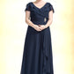 Millicent A-Line V-neck Floor-Length Chiffon Mother of the Bride Dress With Crystal Brooch Cascading Ruffles DL126P0014796