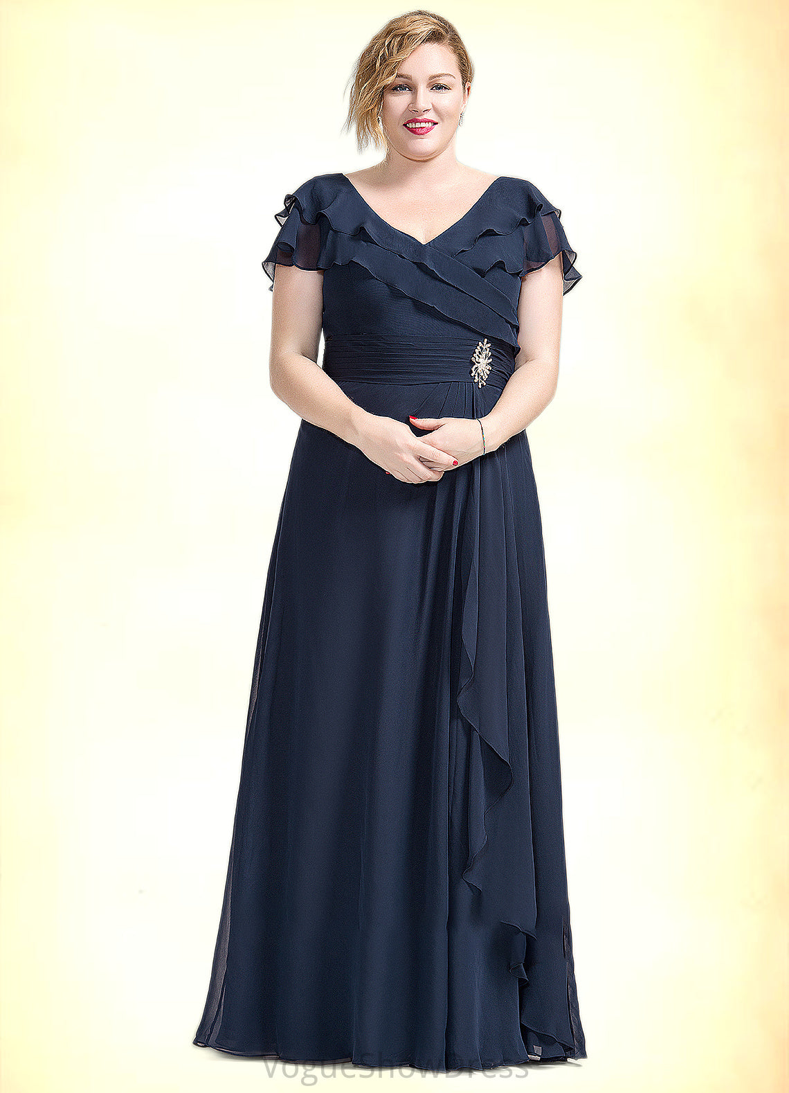 Millicent A-Line V-neck Floor-Length Chiffon Mother of the Bride Dress With Crystal Brooch Cascading Ruffles DL126P0014796