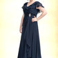 Millicent A-Line V-neck Floor-Length Chiffon Mother of the Bride Dress With Crystal Brooch Cascading Ruffles DL126P0014796