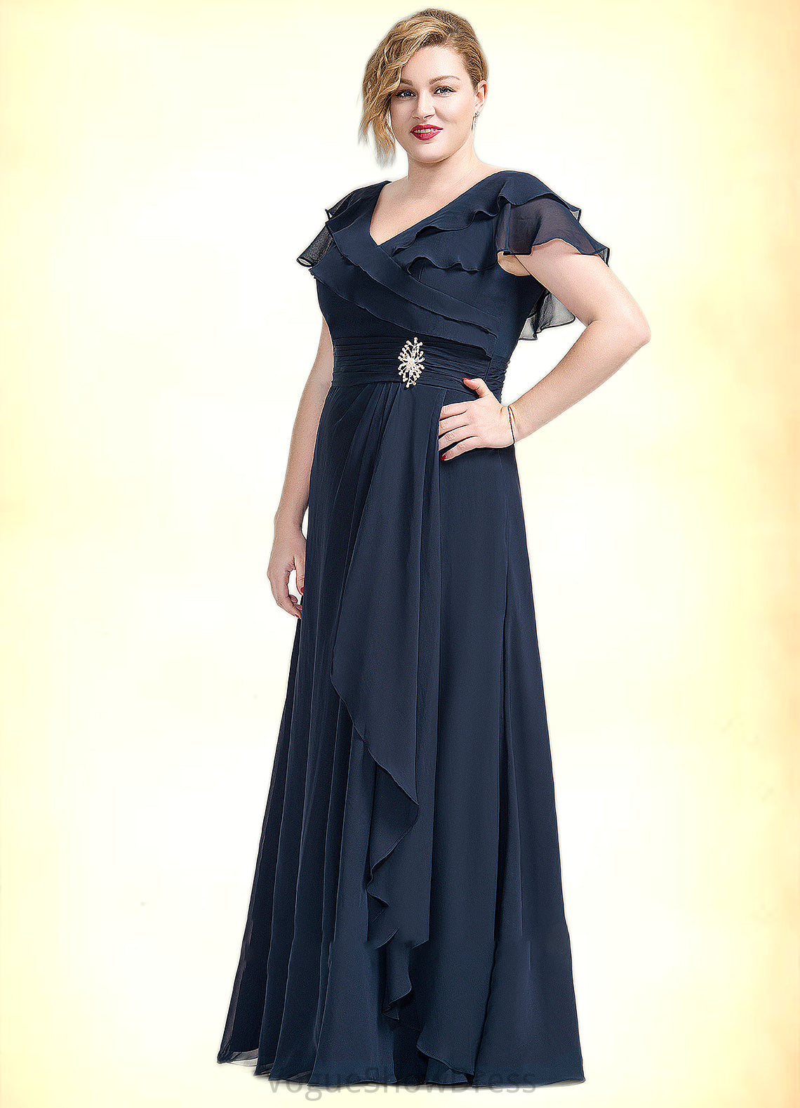 Millicent A-Line V-neck Floor-Length Chiffon Mother of the Bride Dress With Crystal Brooch Cascading Ruffles DL126P0014796