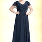 Millicent A-Line V-neck Floor-Length Chiffon Mother of the Bride Dress With Crystal Brooch Cascading Ruffles DL126P0014796