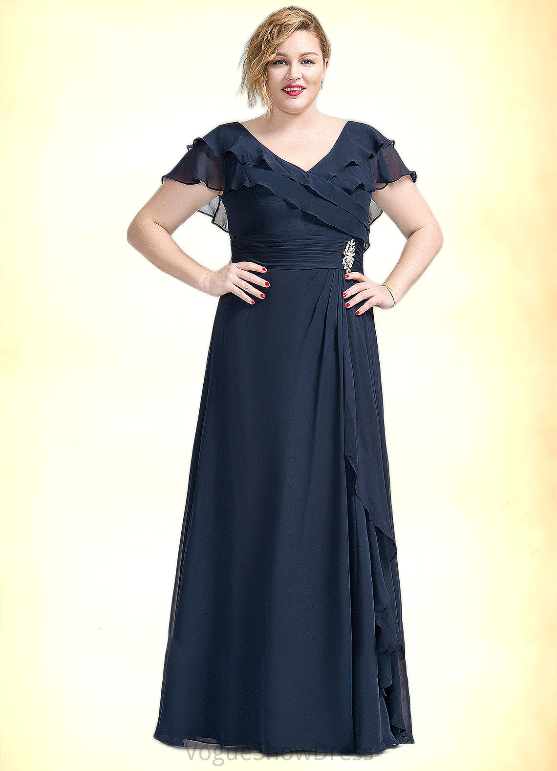 Millicent A-Line V-neck Floor-Length Chiffon Mother of the Bride Dress With Crystal Brooch Cascading Ruffles DL126P0014796