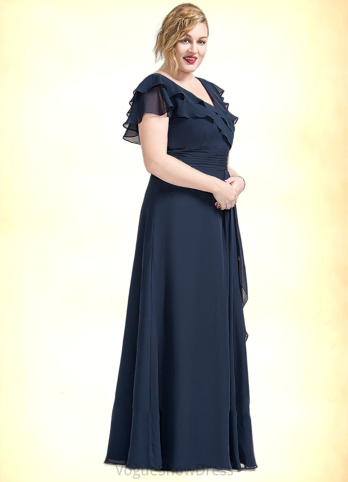 Millicent A-Line V-neck Floor-Length Chiffon Mother of the Bride Dress With Crystal Brooch Cascading Ruffles DL126P0014796