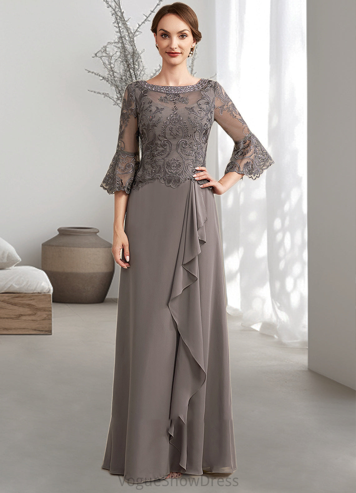 Lila A-Line Scoop Neck Floor-Length Chiffon Lace Mother of the Bride Dress With Beading Cascading Ruffles DL126P0014797