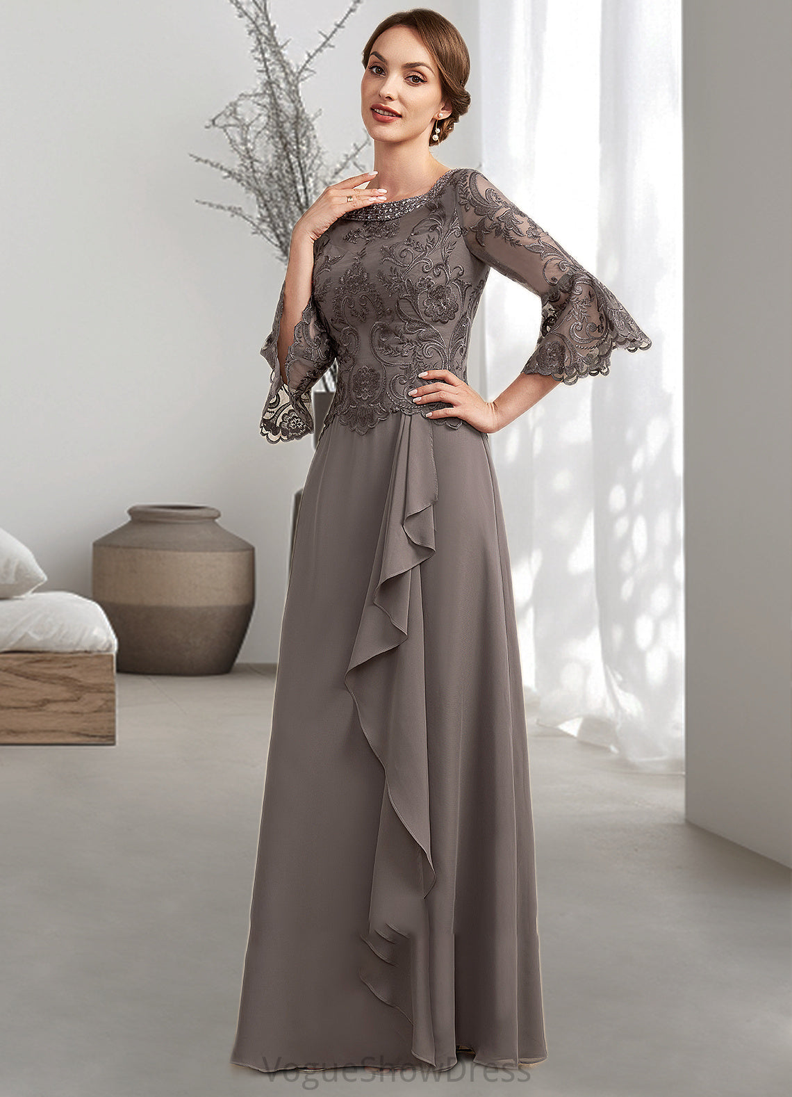 Lila A-Line Scoop Neck Floor-Length Chiffon Lace Mother of the Bride Dress With Beading Cascading Ruffles DL126P0014797