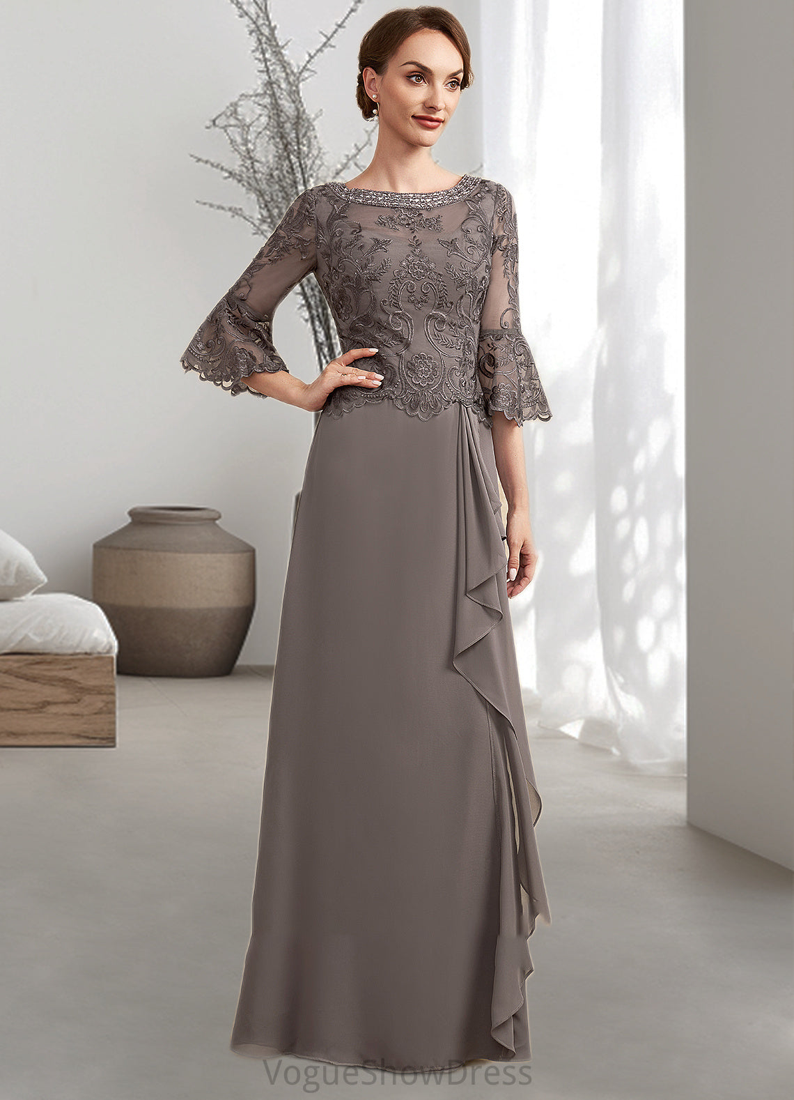 Lila A-Line Scoop Neck Floor-Length Chiffon Lace Mother of the Bride Dress With Beading Cascading Ruffles DL126P0014797