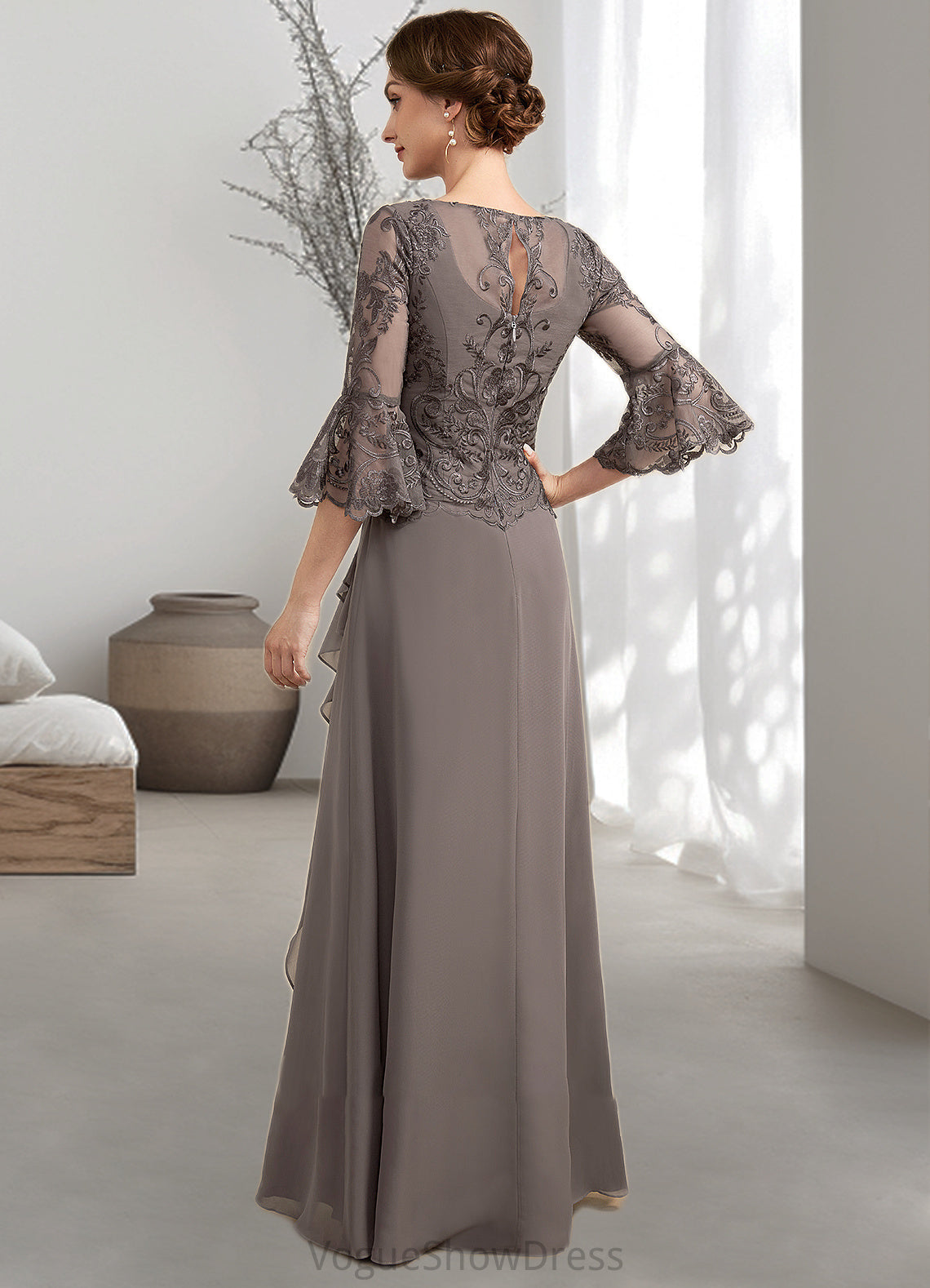 Lila A-Line Scoop Neck Floor-Length Chiffon Lace Mother of the Bride Dress With Beading Cascading Ruffles DL126P0014797