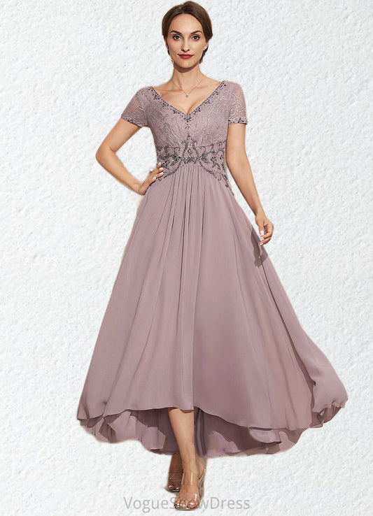 Leanna A-Line V-neck Asymmetrical Chiffon Lace Mother of the Bride Dress With Beading DL126P0014799