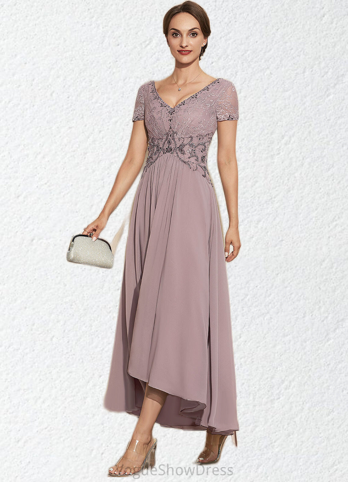 Leanna A-Line V-neck Asymmetrical Chiffon Lace Mother of the Bride Dress With Beading DL126P0014799