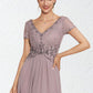 Leanna A-Line V-neck Asymmetrical Chiffon Lace Mother of the Bride Dress With Beading DL126P0014799