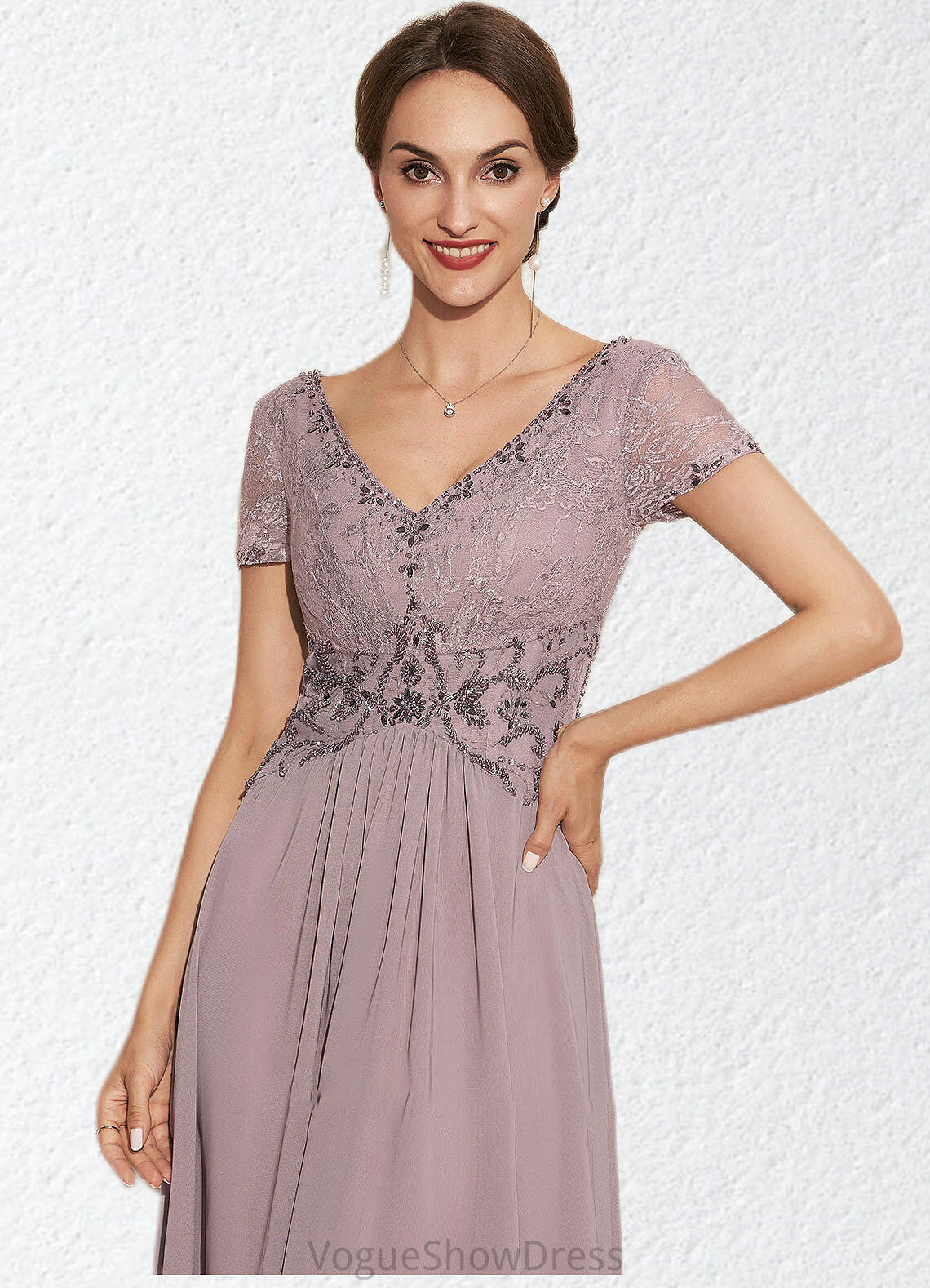 Leanna A-Line V-neck Asymmetrical Chiffon Lace Mother of the Bride Dress With Beading DL126P0014799