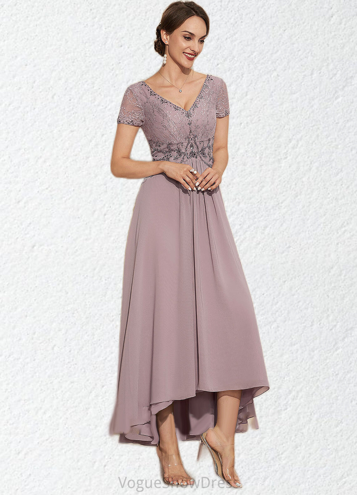 Leanna A-Line V-neck Asymmetrical Chiffon Lace Mother of the Bride Dress With Beading DL126P0014799