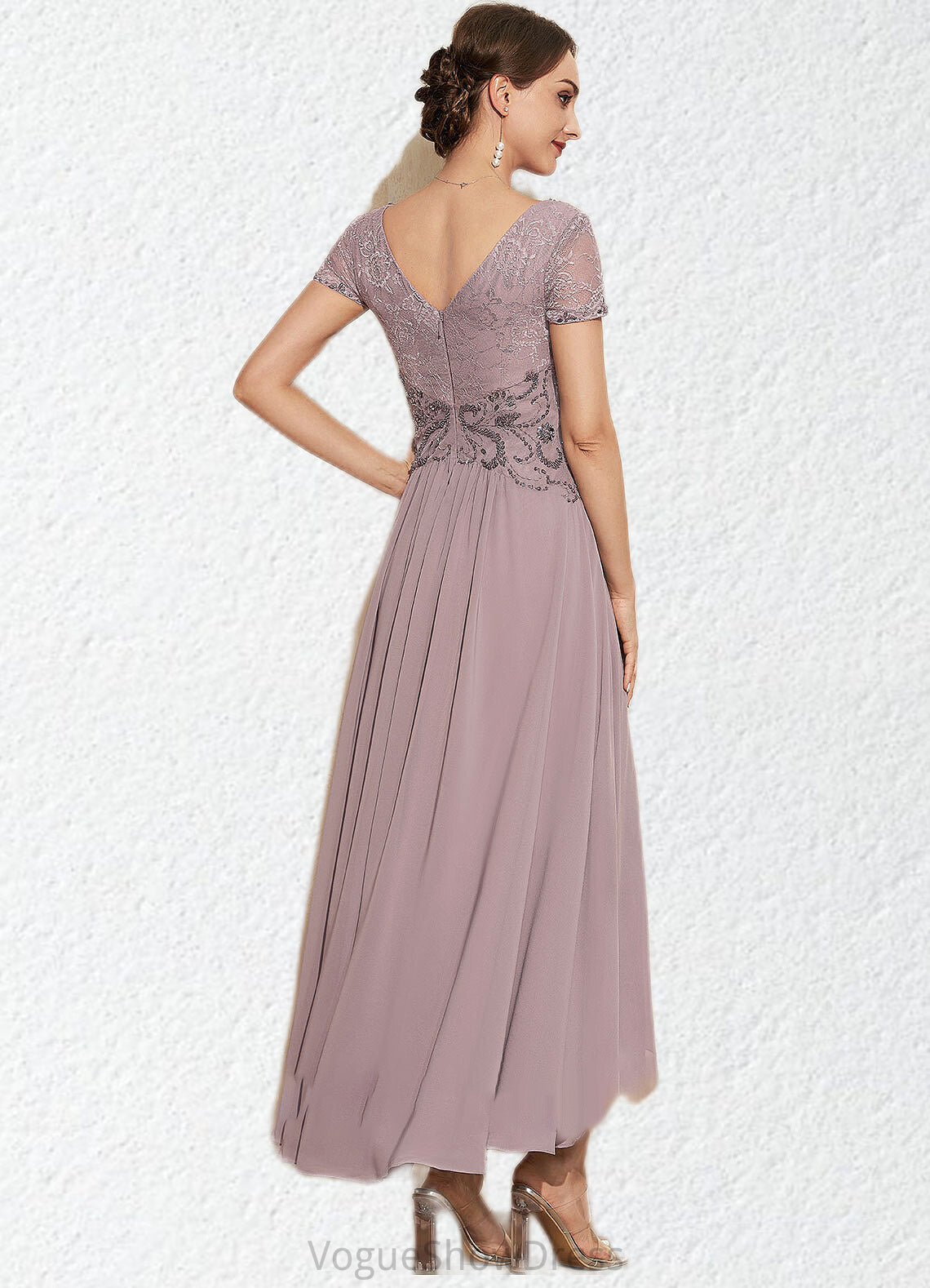 Leanna A-Line V-neck Asymmetrical Chiffon Lace Mother of the Bride Dress With Beading DL126P0014799