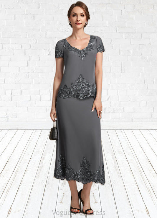 Laci A-Line Scoop Neck Tea-Length Chiffon Lace Mother of the Bride Dress With Sequins DL126P0014800