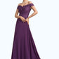 Delilah A-Line Off-the-Shoulder Sweep Train Chiffon Lace Mother of the Bride Dress With Beading Sequins DL126P0014801