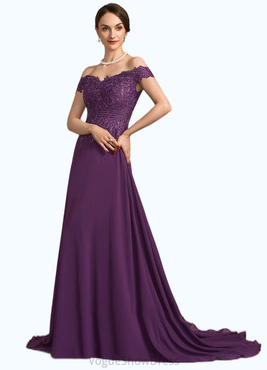 Delilah A-Line Off-the-Shoulder Sweep Train Chiffon Lace Mother of the Bride Dress With Beading Sequins DL126P0014801