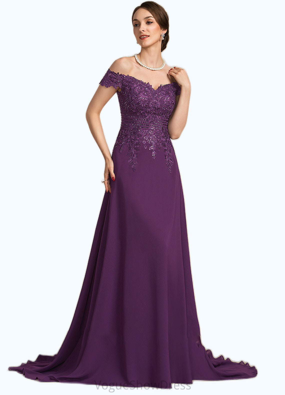 Delilah A-Line Off-the-Shoulder Sweep Train Chiffon Lace Mother of the Bride Dress With Beading Sequins DL126P0014801