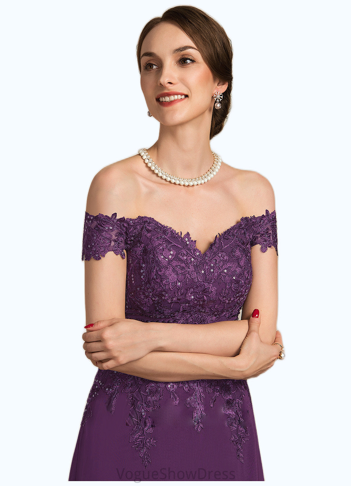 Delilah A-Line Off-the-Shoulder Sweep Train Chiffon Lace Mother of the Bride Dress With Beading Sequins DL126P0014801