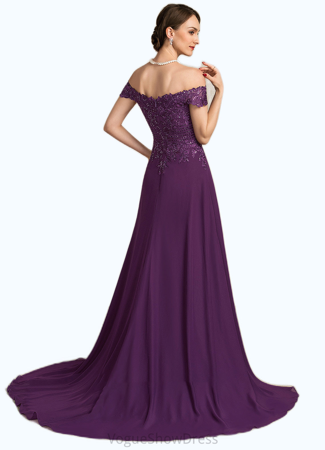 Delilah A-Line Off-the-Shoulder Sweep Train Chiffon Lace Mother of the Bride Dress With Beading Sequins DL126P0014801