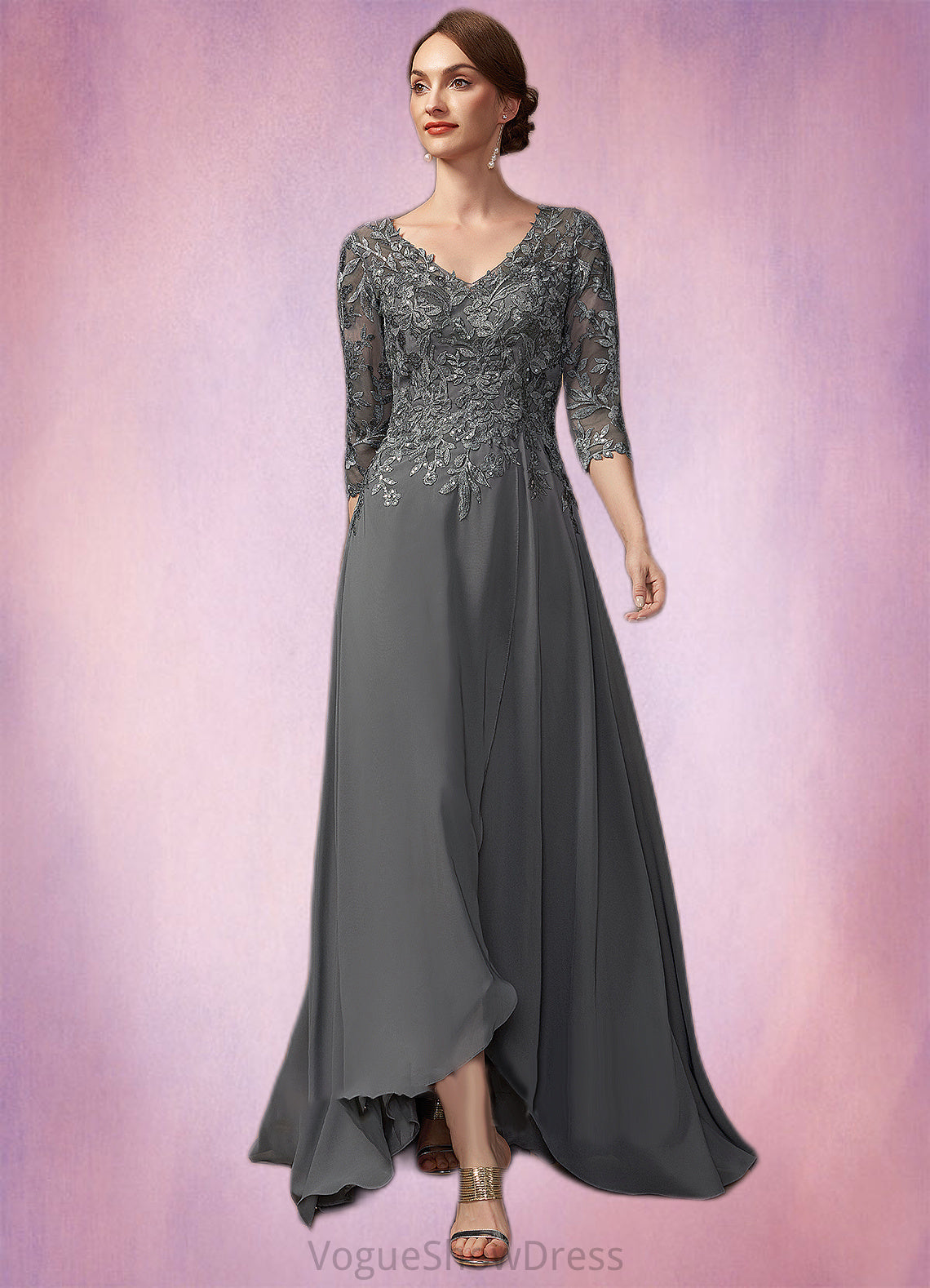 Cynthia A-Line V-neck Asymmetrical Chiffon Lace Mother of the Bride Dress With Sequins DL126P0014803