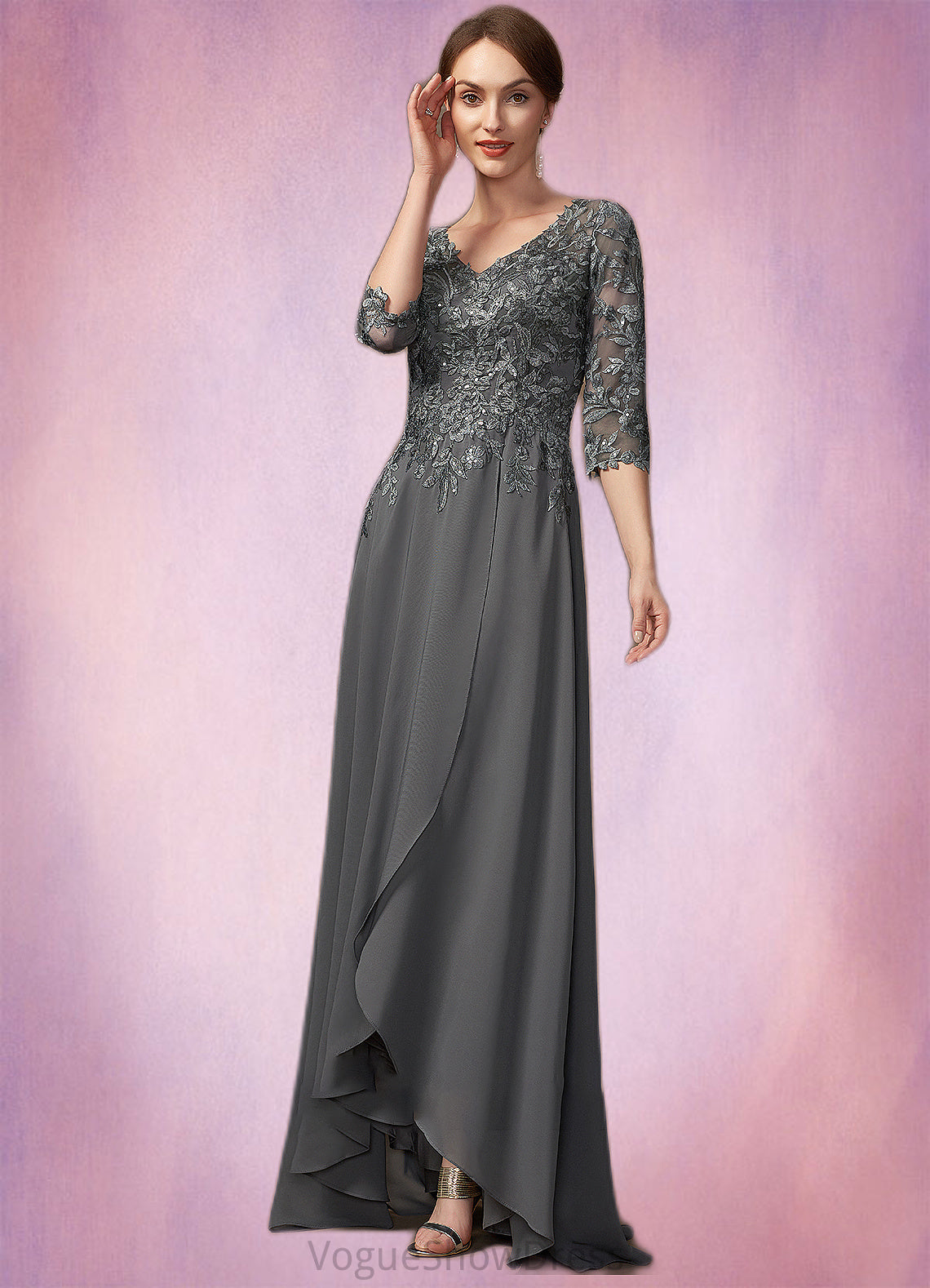 Cynthia A-Line V-neck Asymmetrical Chiffon Lace Mother of the Bride Dress With Sequins DL126P0014803