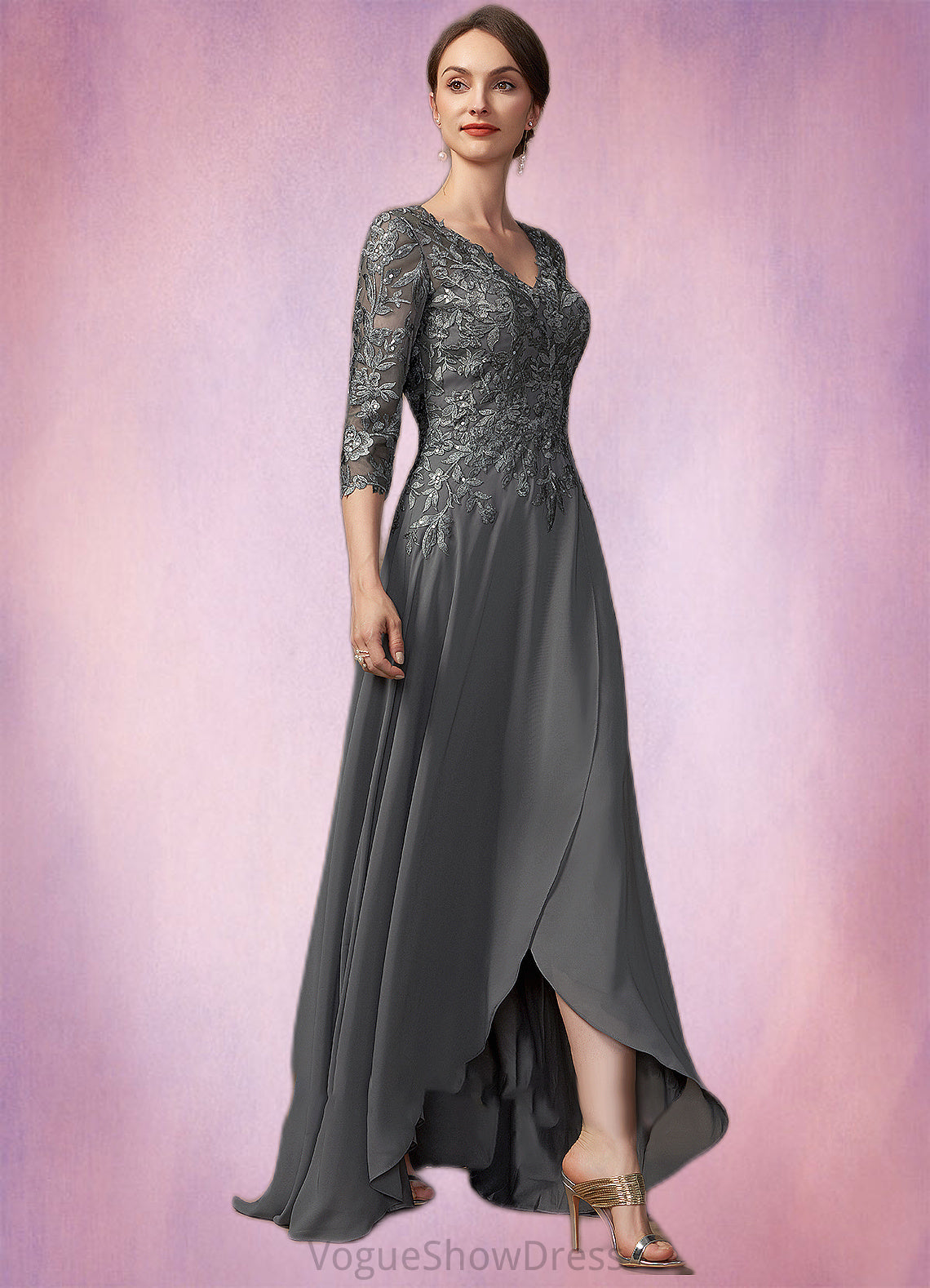 Cynthia A-Line V-neck Asymmetrical Chiffon Lace Mother of the Bride Dress With Sequins DL126P0014803