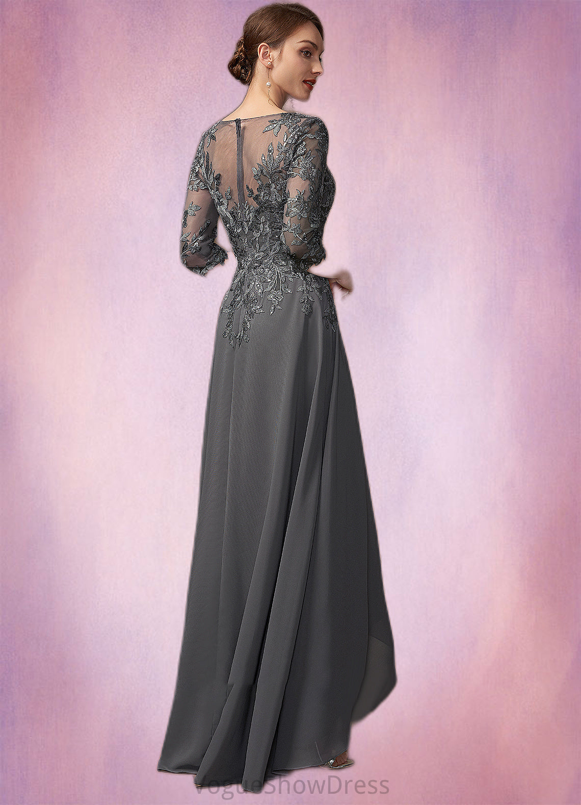 Cynthia A-Line V-neck Asymmetrical Chiffon Lace Mother of the Bride Dress With Sequins DL126P0014803