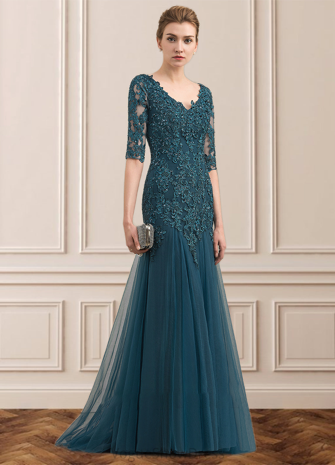 Clare Trumpet/Mermaid V-neck Sweep Train Tulle Lace Mother of the Bride Dress With Beading Sequins DL126P0014804