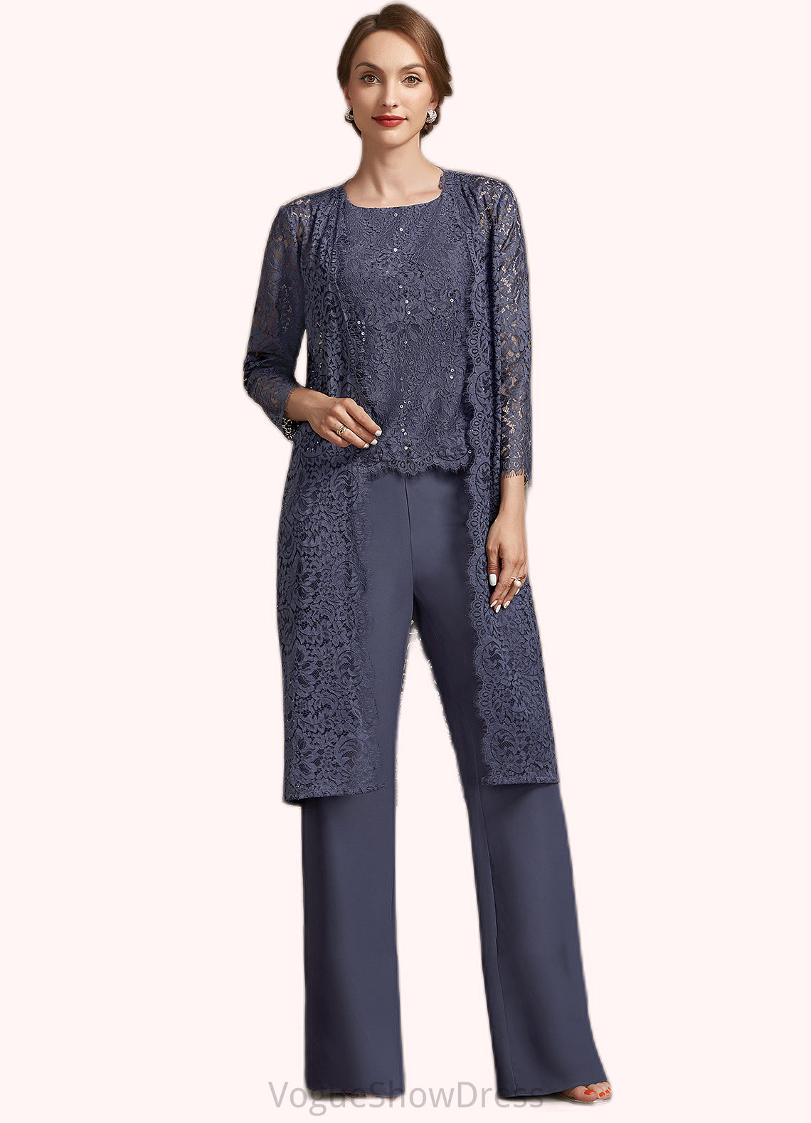 Addison Jumpsuit/Pantsuit Scoop Neck Floor-Length Chiffon Lace Mother of the Bride Dress With Sequins DL126P0014805