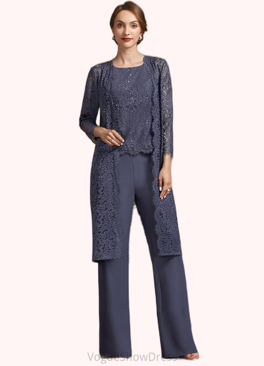 Addison Jumpsuit/Pantsuit Scoop Neck Floor-Length Chiffon Lace Mother of the Bride Dress With Sequins DL126P0014805