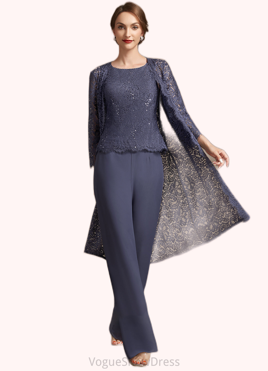 Addison Jumpsuit/Pantsuit Scoop Neck Floor-Length Chiffon Lace Mother of the Bride Dress With Sequins DL126P0014805