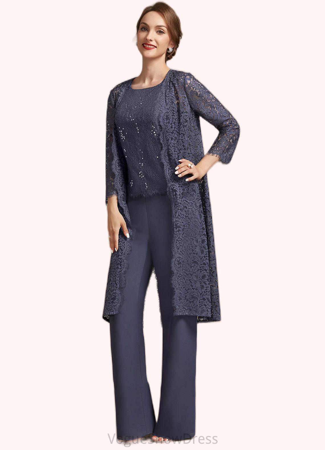 Addison Jumpsuit/Pantsuit Scoop Neck Floor-Length Chiffon Lace Mother of the Bride Dress With Sequins DL126P0014805