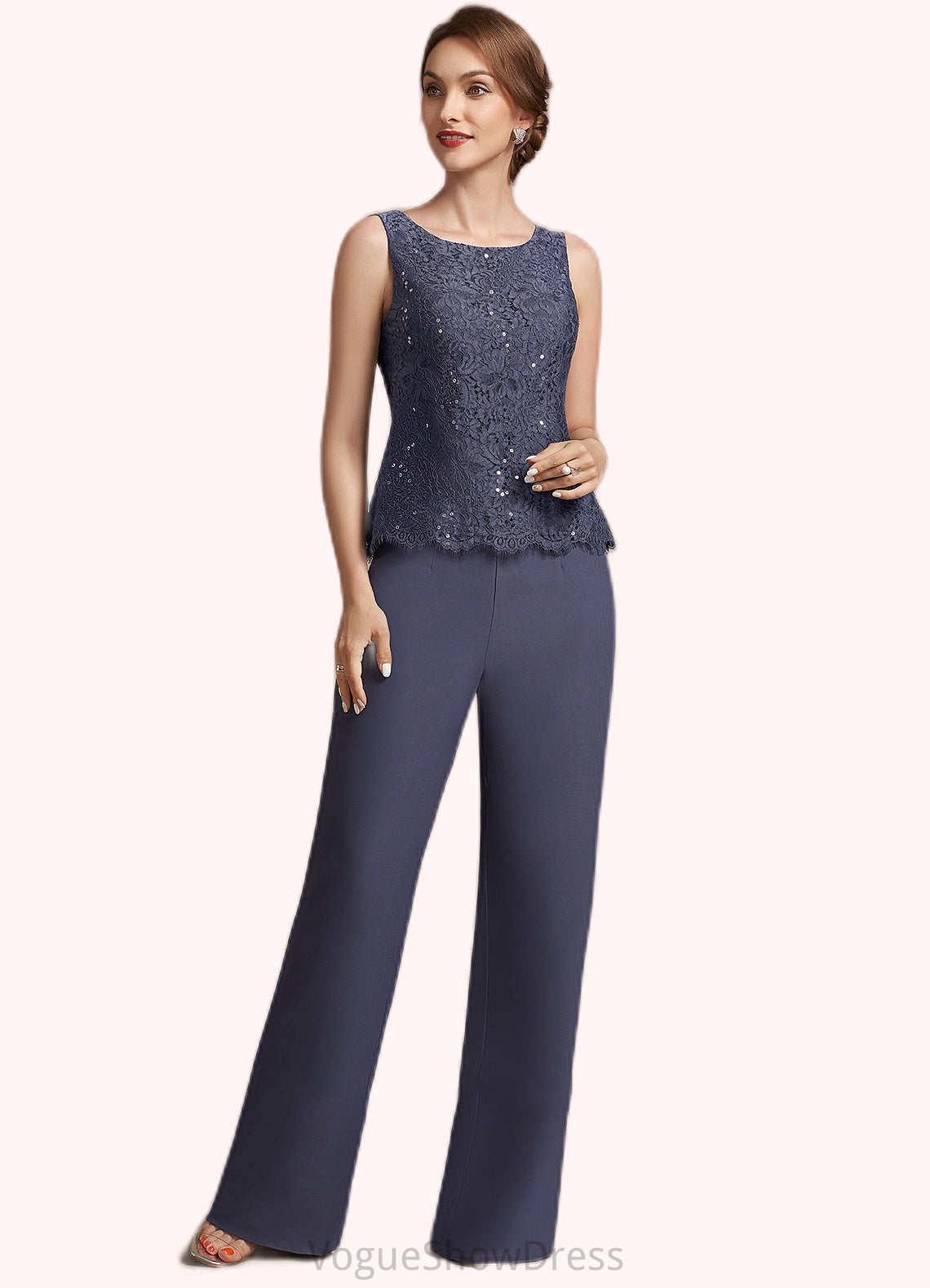 Addison Jumpsuit/Pantsuit Scoop Neck Floor-Length Chiffon Lace Mother of the Bride Dress With Sequins DL126P0014805