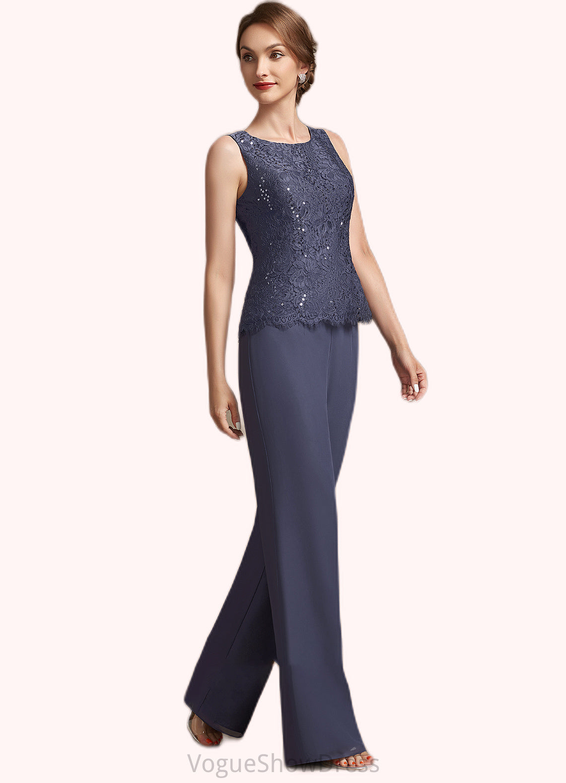 Addison Jumpsuit/Pantsuit Scoop Neck Floor-Length Chiffon Lace Mother of the Bride Dress With Sequins DL126P0014805