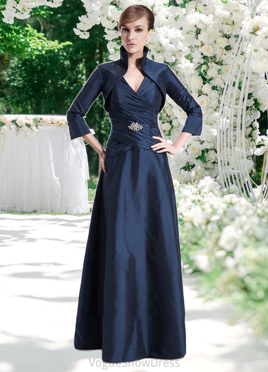 Sophronia A-Line V-neck Floor-Length Taffeta Mother of the Bride Dress With Ruffle Beading DL126P0014807