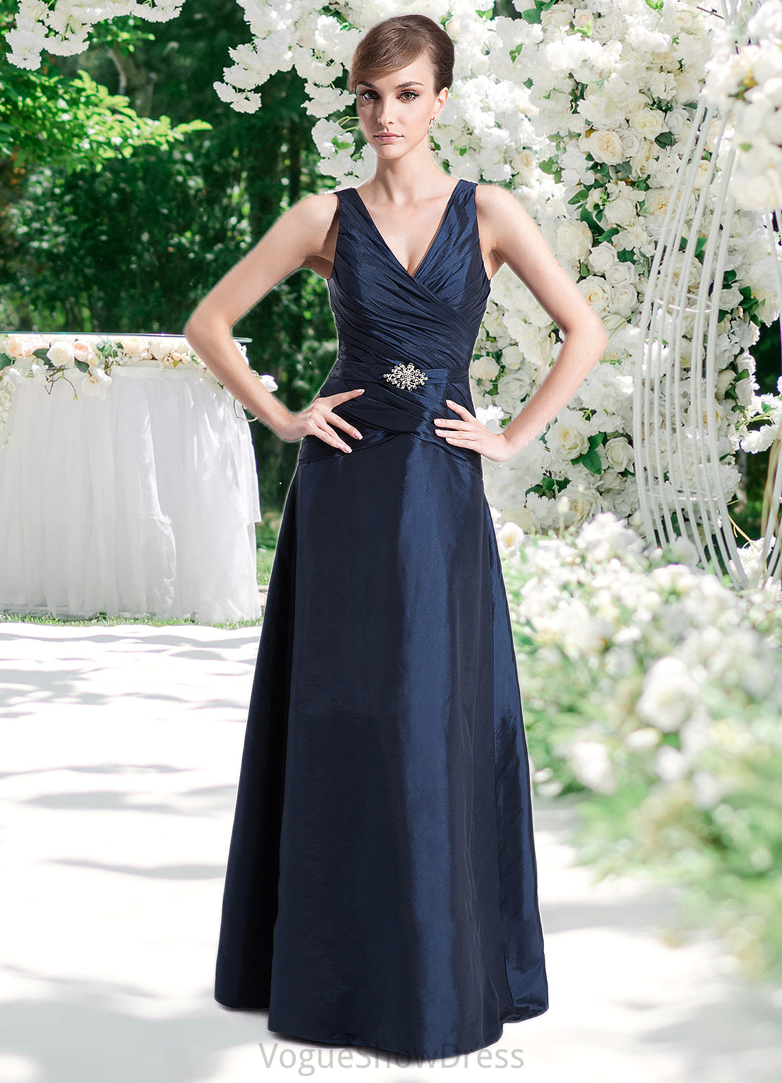 Sophronia A-Line V-neck Floor-Length Taffeta Mother of the Bride Dress With Ruffle Beading DL126P0014807