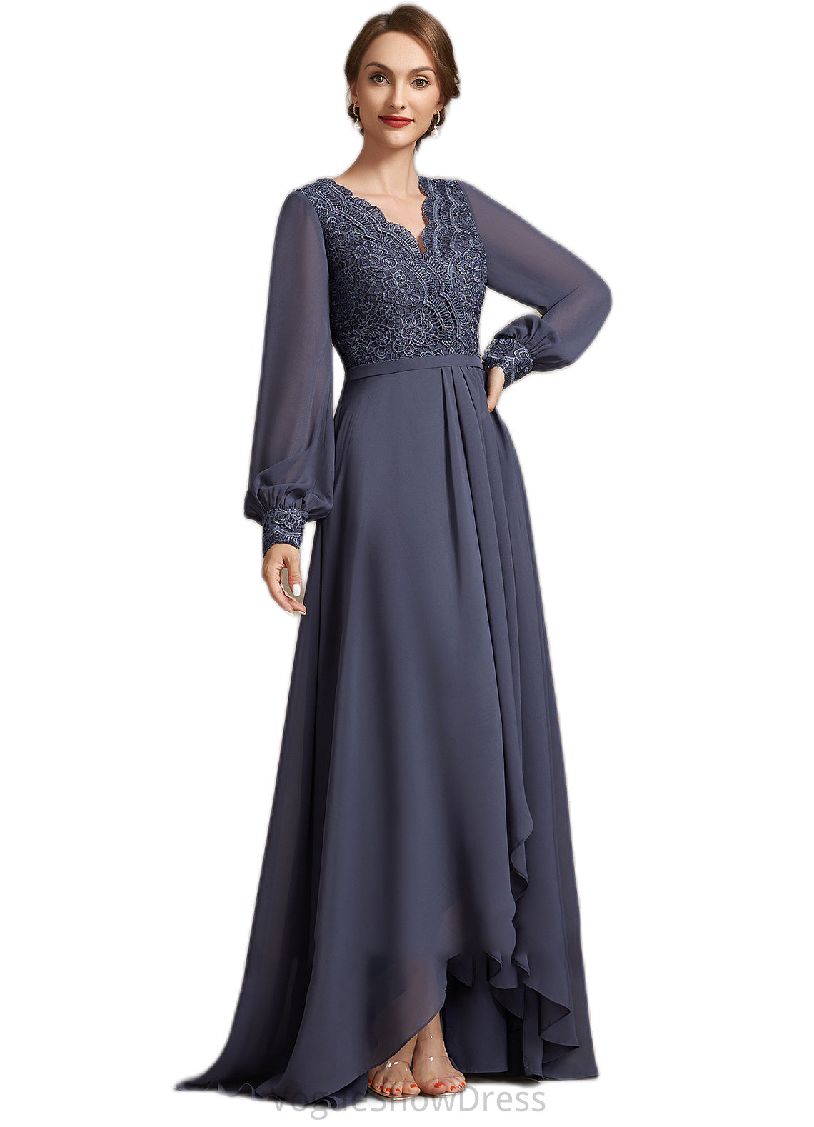 Miley A-Line V-neck Asymmetrical Chiffon Lace Mother of the Bride Dress DL126P0014809