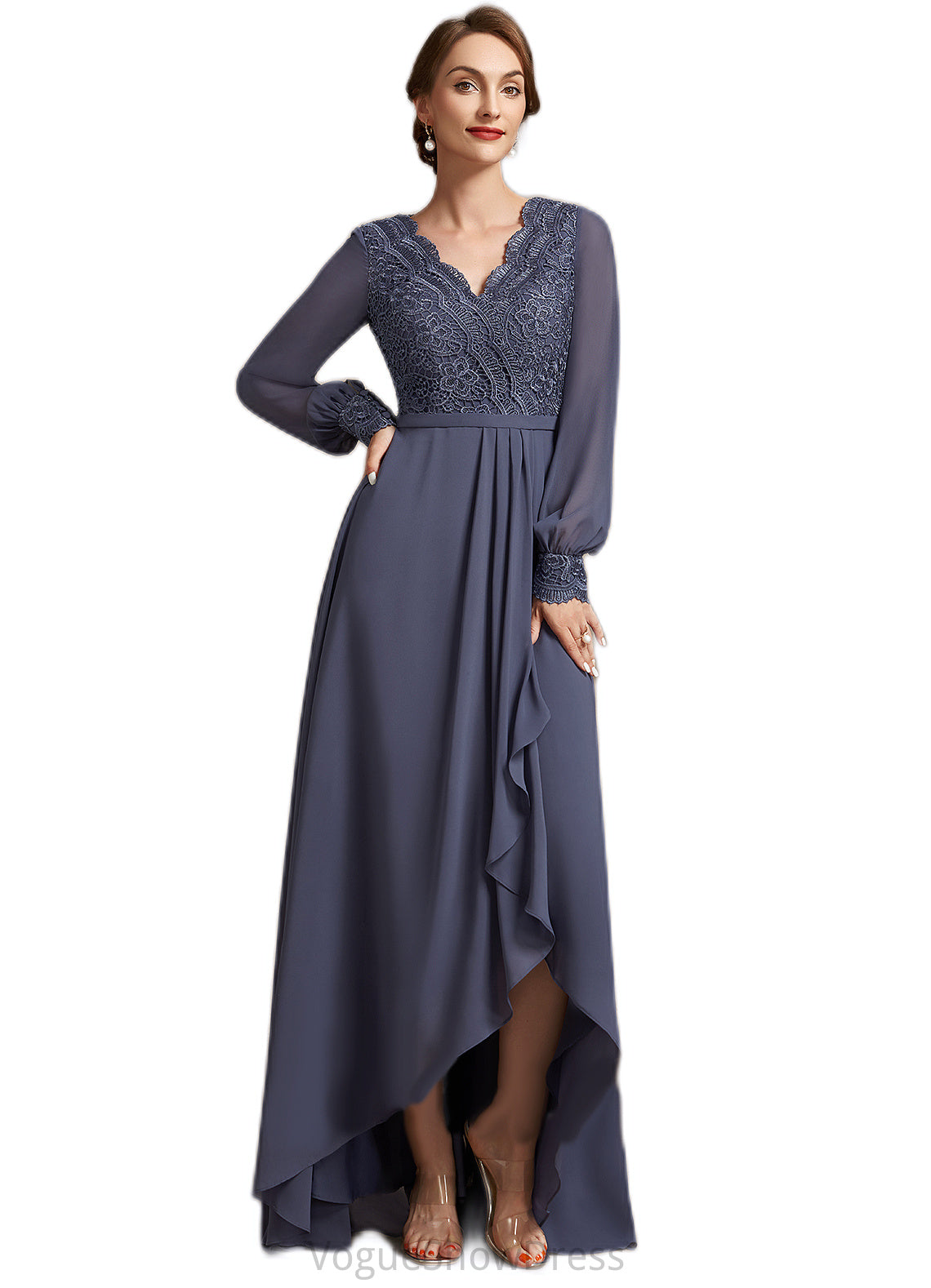 Miley A-Line V-neck Asymmetrical Chiffon Lace Mother of the Bride Dress DL126P0014809