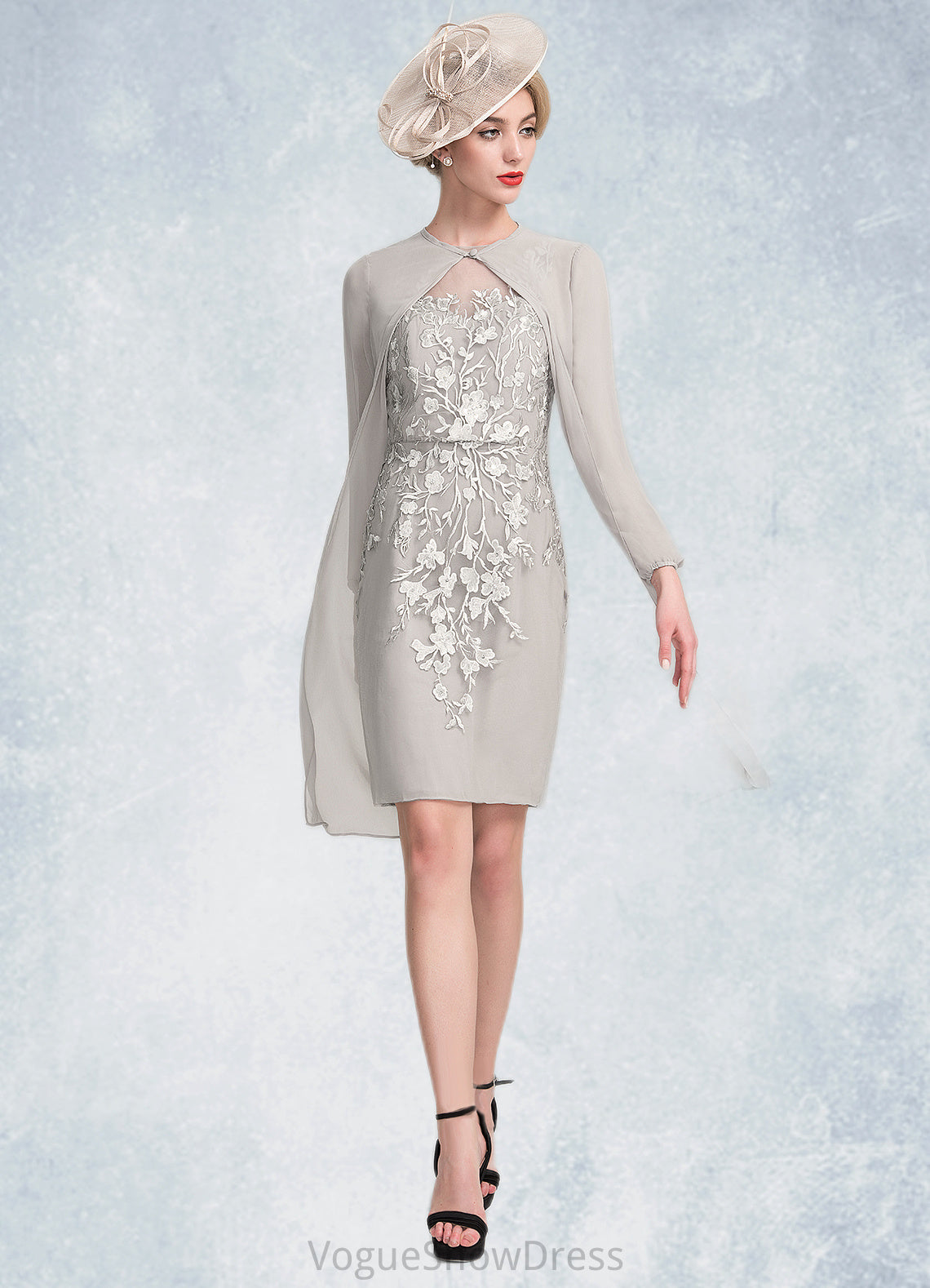 Kaylah Sheath/Column Scoop Neck Knee-Length Chiffon Lace Mother of the Bride Dress With Beading Sequins DL126P0014811