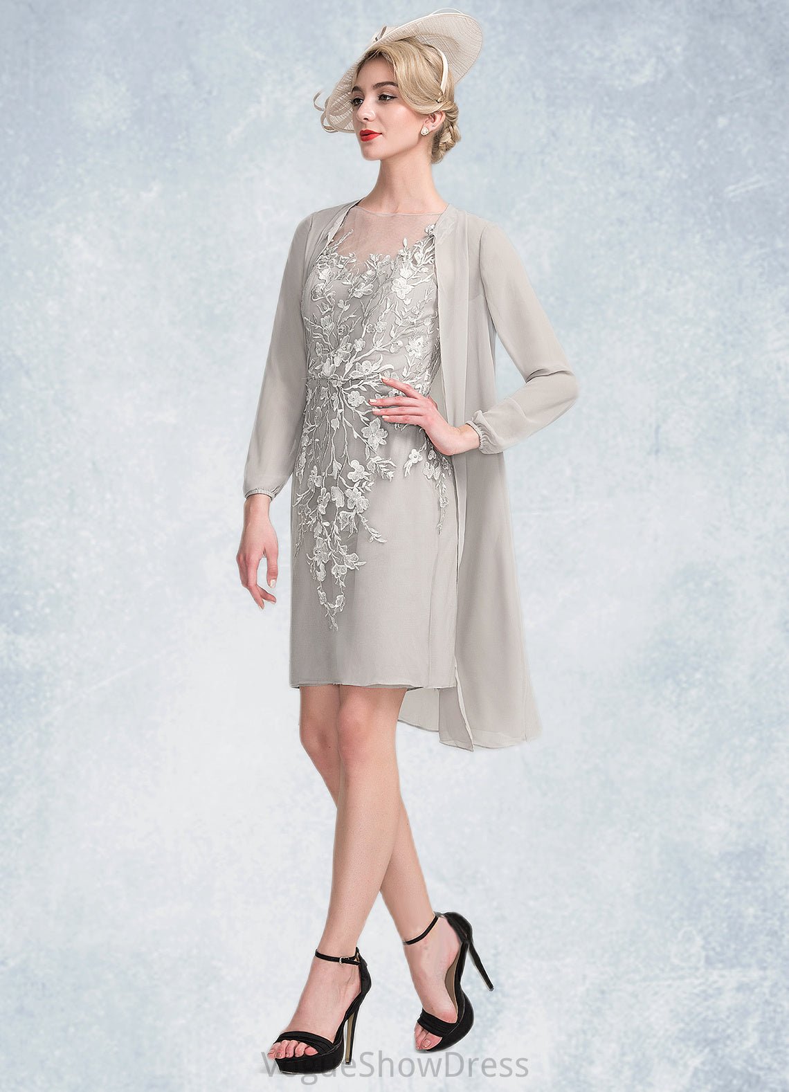 Kaylah Sheath/Column Scoop Neck Knee-Length Chiffon Lace Mother of the Bride Dress With Beading Sequins DL126P0014811